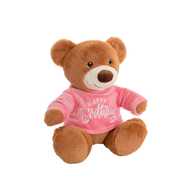 Teddy Bear Caleb w Happy Birthday T-Shirt Pink (21cmST)