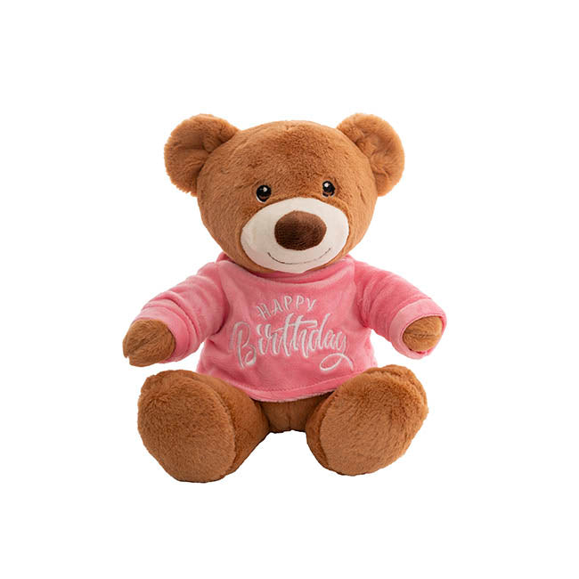 Teddy Bear Caleb w Happy Birthday T-Shirt Pink (21cmST)