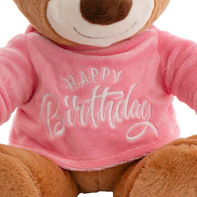 Teddy Bear Caleb w Happy Birthday T-Shirt Pink (21cmST)