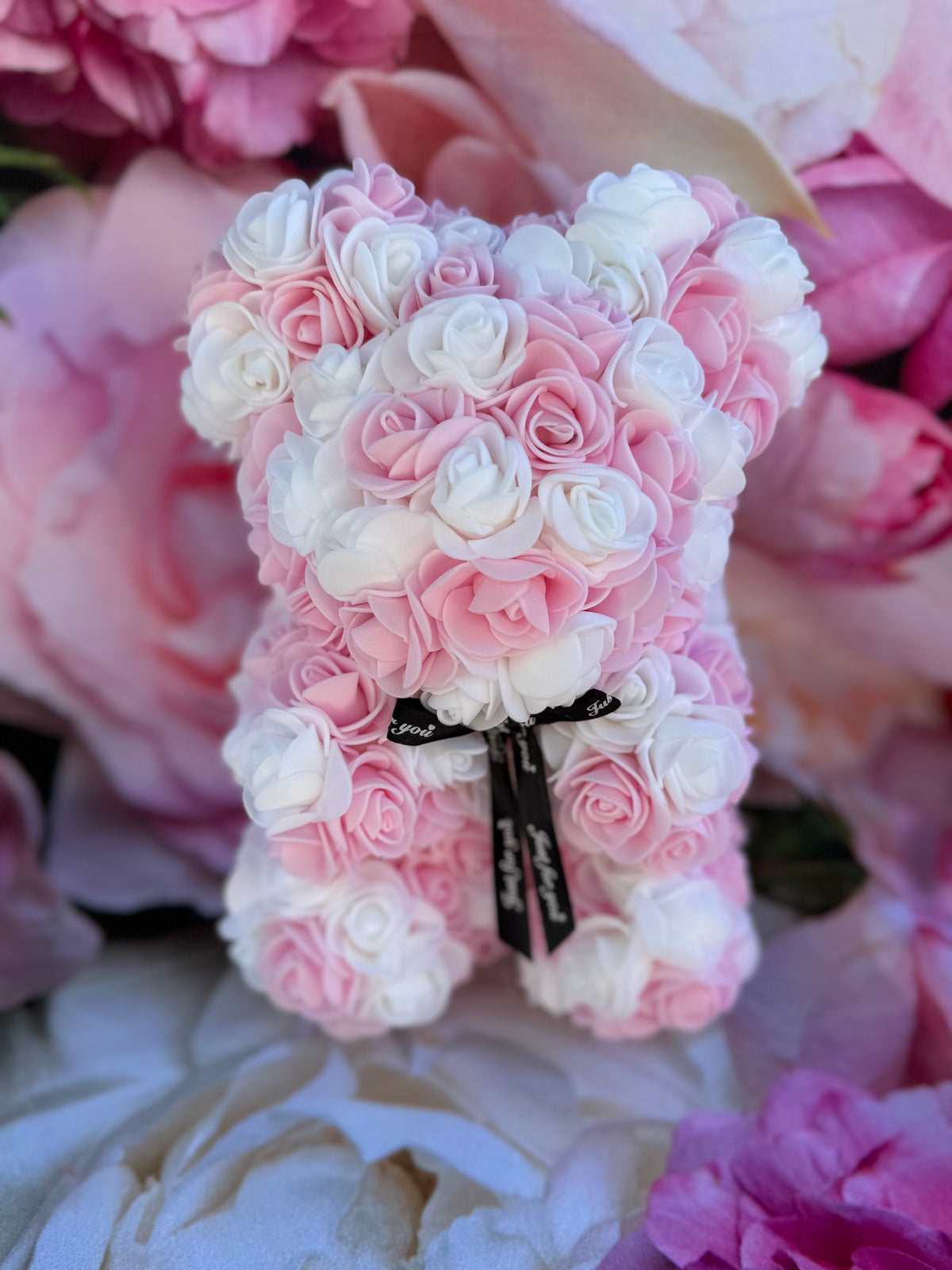 Artificial Preserved Rose Teddy Bear Pink & White 25cm